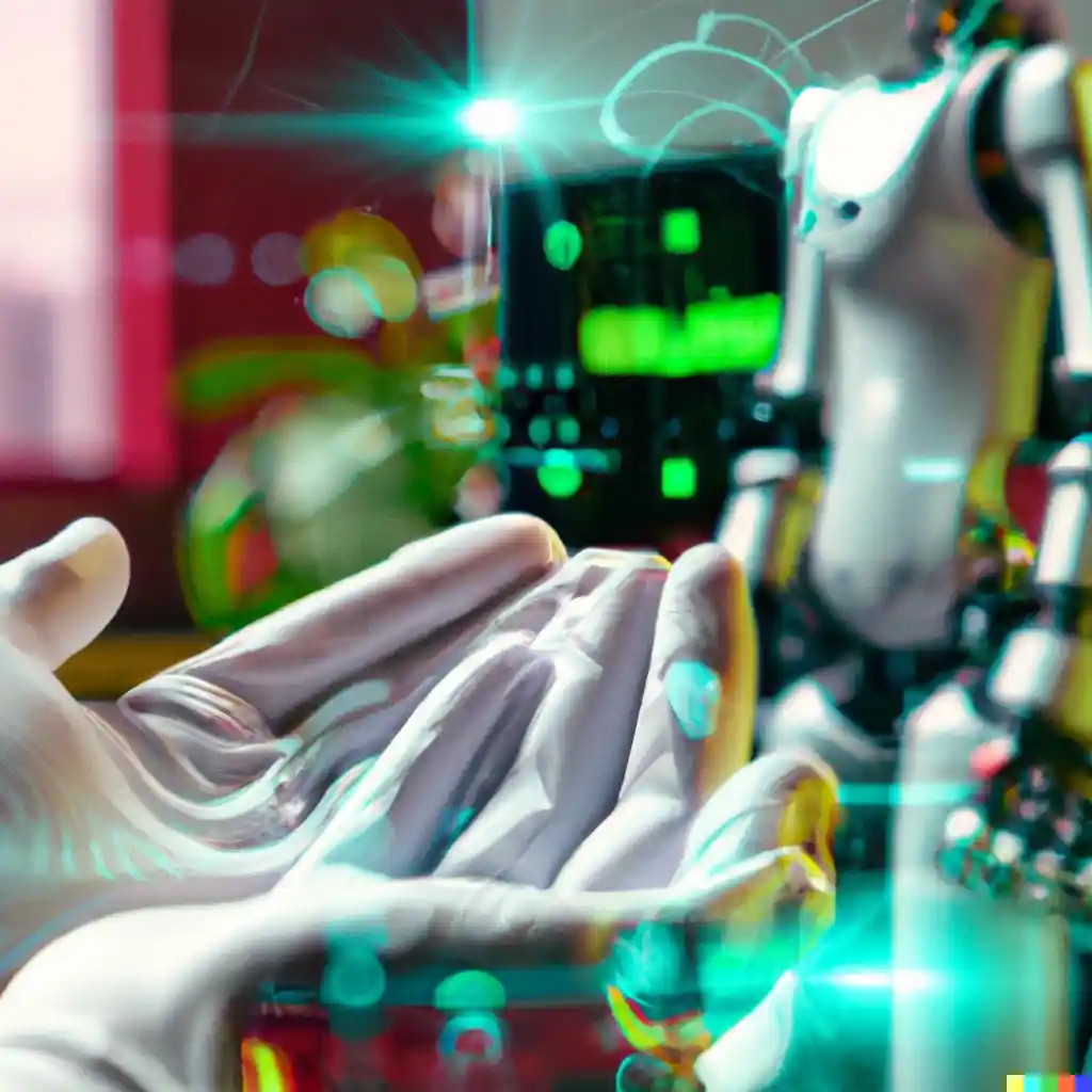 Visuelle Darstellung der digitalen Transformation in der Pflege. Robotik- und menschliche Hand symbolisieren die Verbindung von Technologie und Care Business.